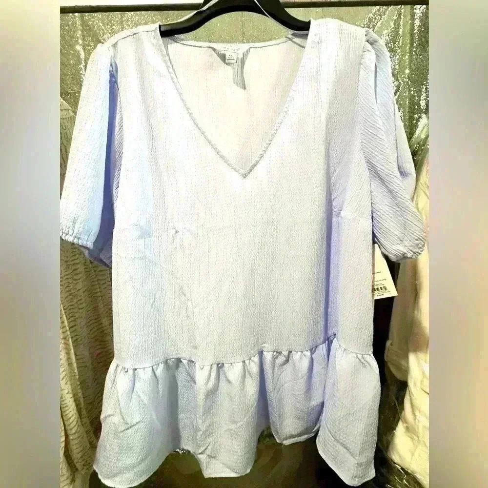 Nine West Women's Light Blue Puff Sleeve Babydoll Blouse
